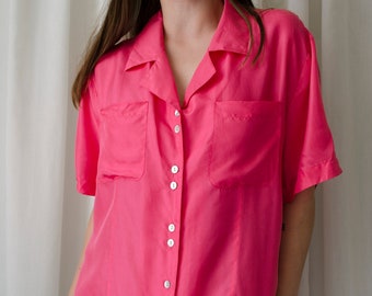 Camisa oversize de seda rosa magenta vintage de los años 90, tallas S-L