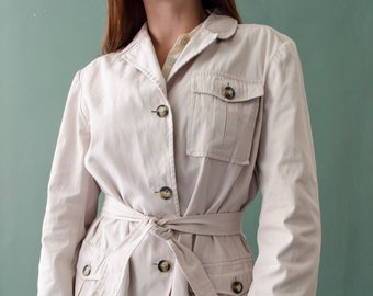 Jaqueta Safari Vintage VALENTINO, Blazer Utilitário em Algodão Bege Claro, Tamanho P