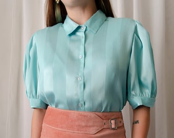 vintage blue striped blouse | Puff sleeve blouse, satin shine blouse, silky blue blouse, romantic retro blouse | S - L