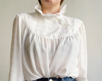 vintage white bib blouse | Ruffle blouse, romantic blouse, secretary blouse, checkered plaid blouse, western blouse | S - M