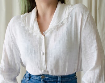 vintage white lace blouse | Romantic blouse, lace collar blouse, sailor blouse, cottagecore blouse, french blouse, statement blouse | S - M