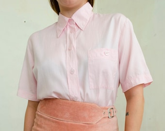 chemisier en soie rose vintage | Chemisier minimaliste à manches courtes, chemise boutonnée en soie, chemise en soie naturelle et coton mélangé | TP - P