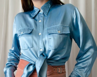 90s vintage blue satin blouse | Satin shine blouse, elegant blouse, minimalist blouse, front pocket blouse | S - M