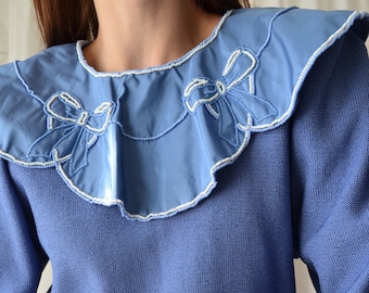 80s statement collar sweater | Rare blue vintage jumper, Austrian sweater, Romantic collared sweater, unique big collar bow sweater | XS - S