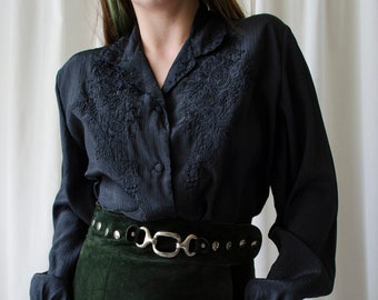 vintage black embroidery blouse | Blouse with embroidery, romantic blouse, elegant blouse, witchy goth blouse, floral collar |  S - M
