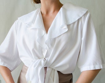 vintage white ruffle blouse | 90s romantic ruffled collar blouse, white short sleeve blouse, elegant poet blouse | S - M