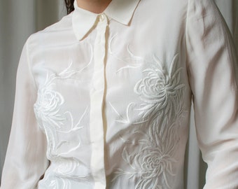 white silk blouse with oriental embroidery, romantic white silk blouse with oriental floral embroidery | XS - S