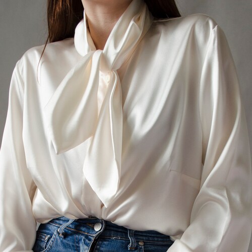 90s Ivory Satin Blouse Vintage White 