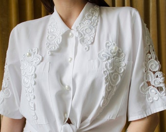 vintage white lace blouse | 90s BIBA blouse, Lace collar blouse, Cut out blouse, Secretary summer blouse, Short sleeve romantic shirt| S - L