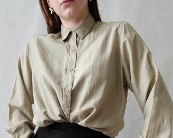 vintage silk ecru beige blouse, long sleeve earthy minimalist silk blouse, silk button up womens shirt | XS - S
