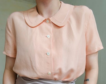 vintage silk pink silk blouse | Peter pan collar blouse, pastel blouse, romantic blouse, short sleeve silk blouse, retro blouse | XS - S
