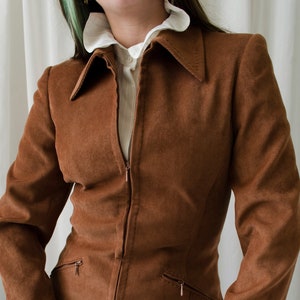 vintage SPORTMAX blazer, brown corduroy velvet blazer with zip up and pointy collar XS S image 1