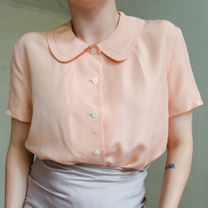 vintage silk pink silk blouse Peter pan collar blouse, pastel blouse, romantic blouse, short sleeve silk blouse, retro blouse XS S image 1
