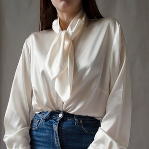 90s ivory satin blouse vintage white shiny blouse, tie neck blouse, luxurious statement button up blouse, romantic evening blouse S L image 2