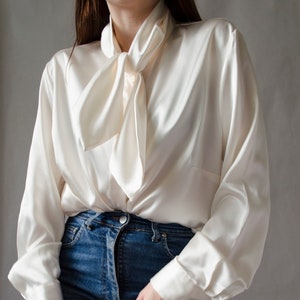 90s ivory satin blouse vintage white shiny blouse, tie neck blouse, luxurious statement button up blouse, romantic evening blouse S L image 1