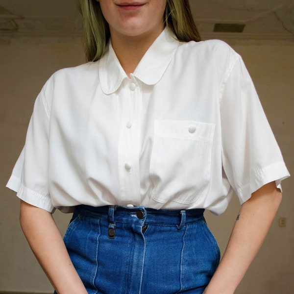 vintage white shirt | Minimalist white blouse, peter pan collar, short sleeve white blouse, secretary blouse, romantic daywear shirt | S - L