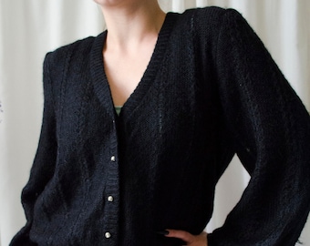 vintage black wool cardigan | Puffed sleeve cardigan, black wool blend cosy knit button up cardigan, trachten folk cardigan | S - L