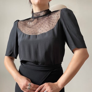 vintage black silk VALENTINO blouse | black mesh polka dot blouse, see through silk blouse, opera blouse, elegant theatre blouse | XS - S