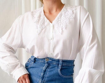 vintage white lace collar blouse, cottagecore white cotton blouse with lace collar | M - L