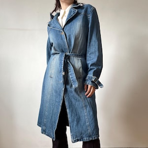 vintage denim long coat | y2k denim long coat with a belt, pirate coat, belted denim coat | S - L