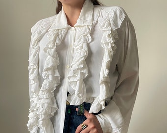 90s vintage white ruffle blouse, elegant poet blouse with ruffled front and long sleeves, straight oversize fit white shirt | S - L