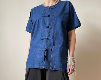 vintage navy oriental shirt | chinese knot shirt, navy blue minimalist top, unisex oversize fit summer shirt | S - L