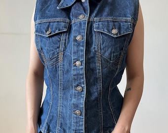 JEAN PAUL GAULTIER Denim Vest, Dark Wash Blue Sleeveless Jacket Archival Punk, S - L