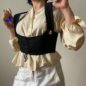 Folk Black Linen Trachten Vest, Underbust Dirndl Bodice Waist Cincher Folk Crop, M - L