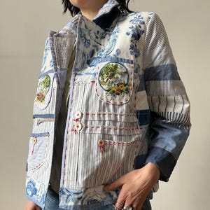 90s Patchwork Jacket, Vintage Open Front Eclectic Boho Blazer, Fits XS - M