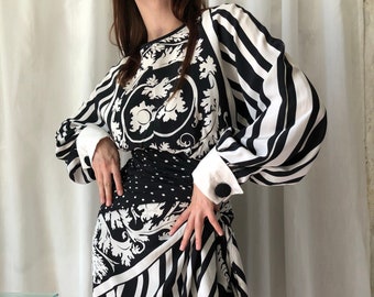 vintage baroque print black and white dress, monochrome silk striped dress, ruched polka dot dress, wrap skirt | S