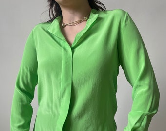 silk RALPH LAUREN blouse | designer silk blouse, minimalist silk shirt, womens silk green shirt | XS