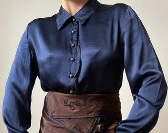 vintage VERSACE silk blouse | navy blue silk blouse, charmeuse silk blouse, silk blouse with ruffles | XS - S