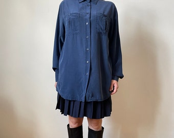 vintage blue silk shirt | 90s vintage silk blouse, relaxed fit silk shirt, unisex silk shirt, minimal silk shirt with pocket | S - L
