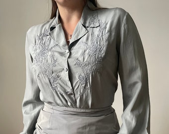 vintage grey silk embroidery blouse | Hand embroidered floral silk long sleeve blouse, elegant embroidered collar shirt | XS - S