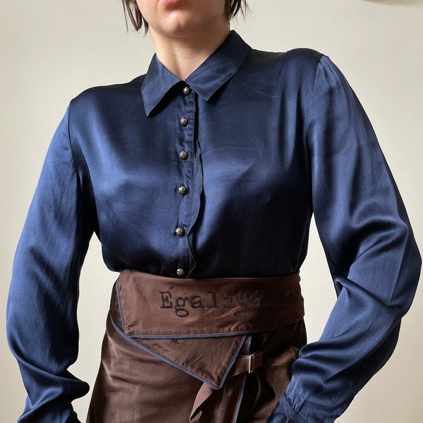 vintage VERSACE silk blouse | navy blue silk blouse, charmeuse silk blouse, silk blouse with ruffles | XS - S