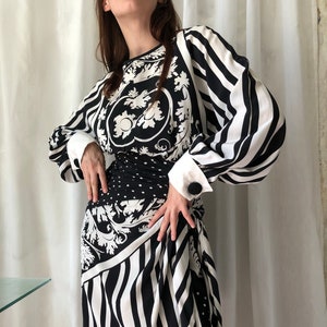 vintage baroque print black and white dress, monochrome silk striped dress, ruched polka dot dress, wrap skirt | S