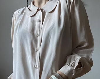 vintage beige silk blouse | peter pan collar blouse, beige silk blouse, elegant chic blouse, french poet blouse, artist blouse | S - M