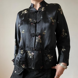 vintage oriental black satin blouse | frog closure oriental jacket, a line satin shine blazer, oriental chinese embroidery robe | S - M