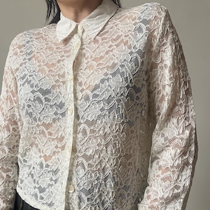 vintage white lace blouse | elegant long sleeve collared lace cropped blouse | XS - S