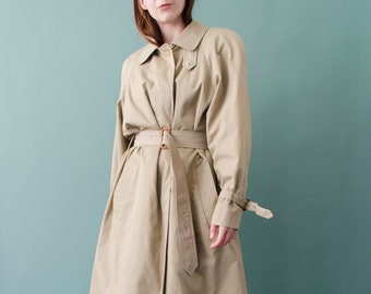 trench beige vintage AQUASCUTUM | Manteau de pluie ceinturé pour femmes des années 80, trench à col simple, manteau rembourré Raglan, doublure à carreaux | S-M