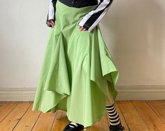 vintage green taffeta skirt | y2k asymmetrical long skirt, green maxi skirt with ruffles, taffeta long skirt | L