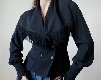 Vintage PLEIN SUD Black Tassel Blouse, French Designer Viscose Blend, S