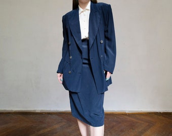 90s vintage silk skirt suit | Minimalist skirt suit, silk designer suit, 2 piece costume suit set, Silk blue blazer skirt set | M