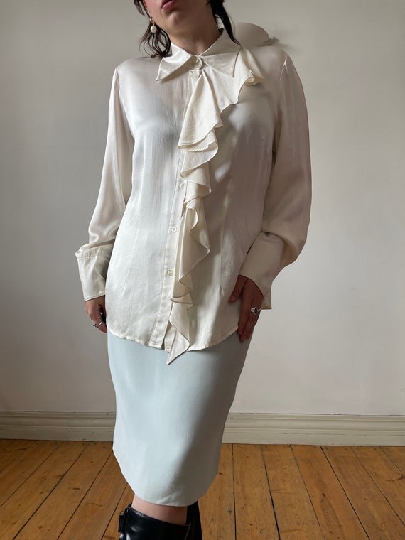 Vintage Silk White Silk Ruffle Blouse Elegant Silk Charmeuse Silk Long Sleeve Blouse Ivory Satin Silk Shine Blouse S M Etsy UK