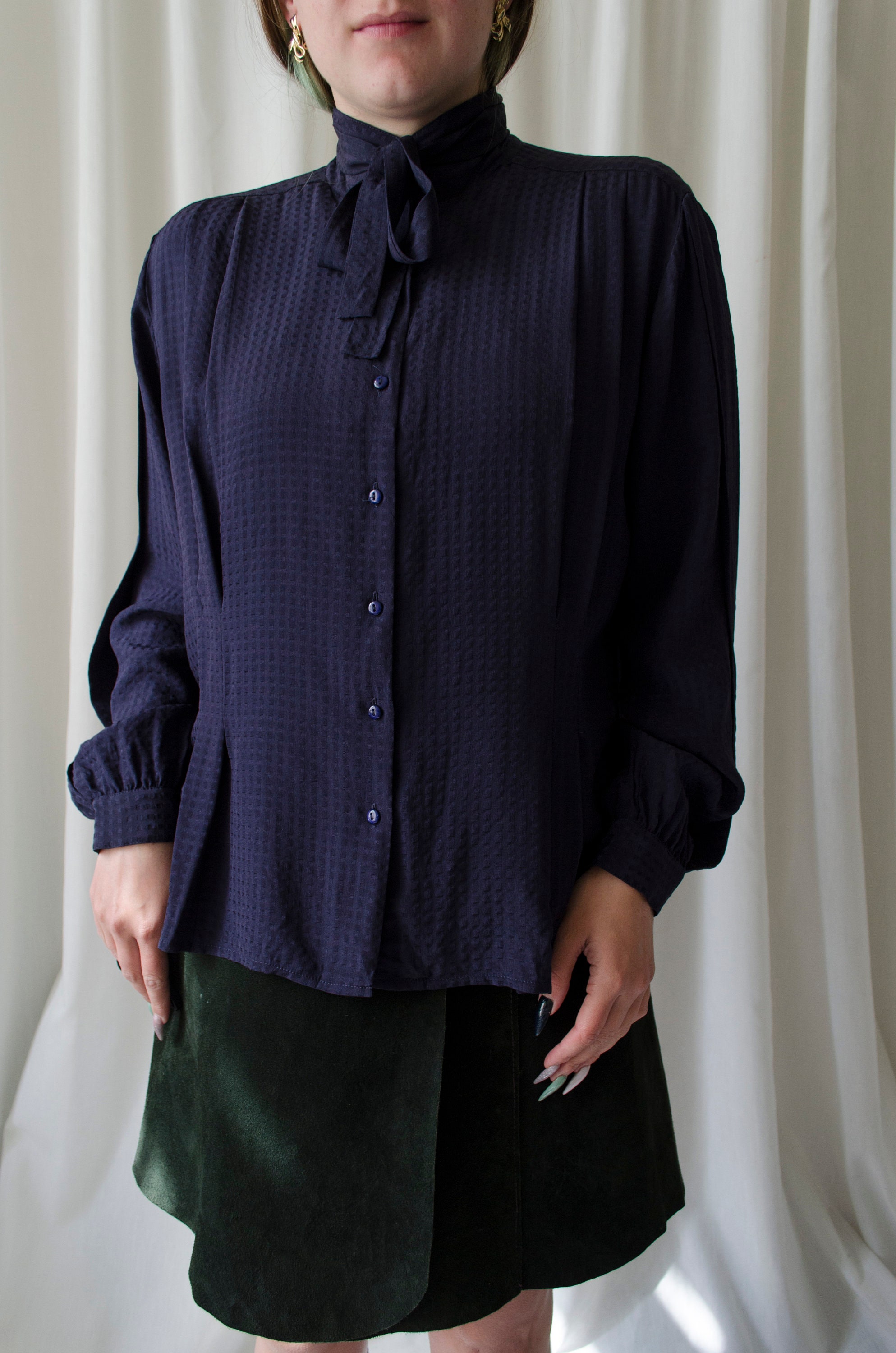 80s Vintage Navy Silk Pussy Bow Blouse | Dark Blue Retro 80s Vintage Navy Silk Pussy Bow Blouse | Dark Blue Retro