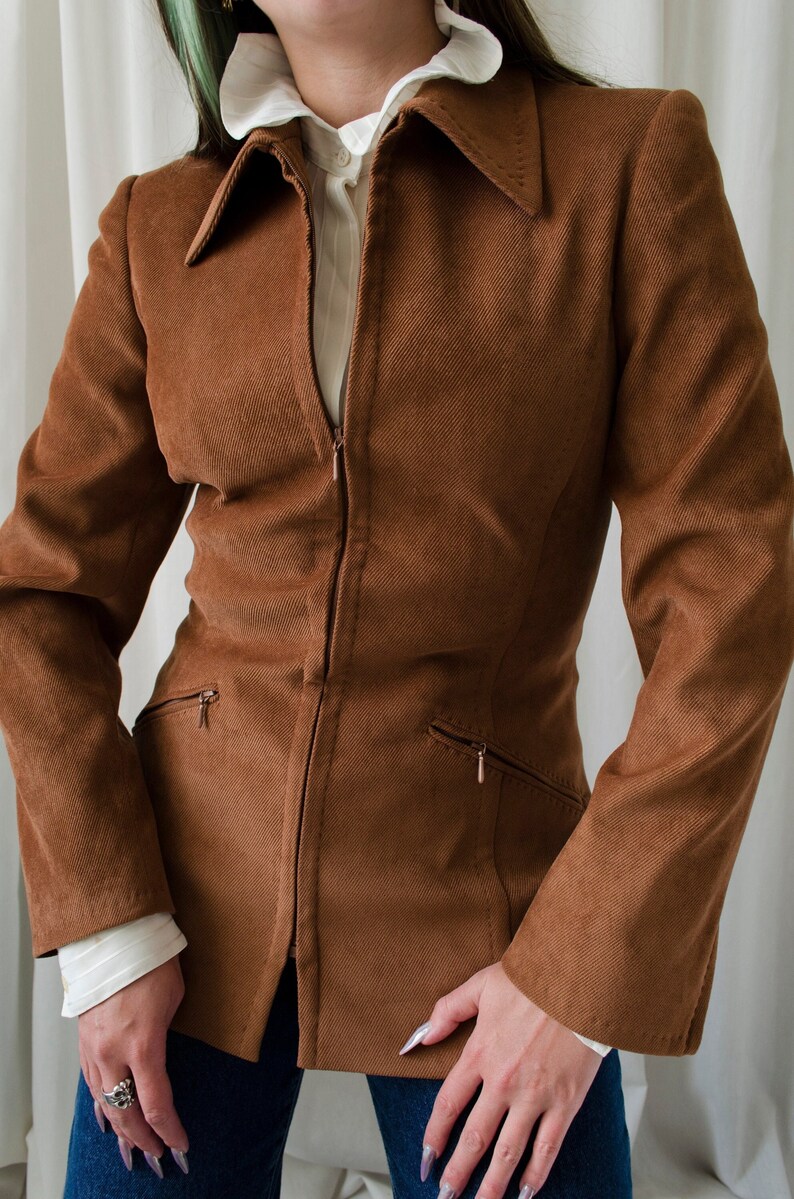 vintage SPORTMAX blazer, brown corduroy velvet blazer with zip up and pointy collar XS S image 1