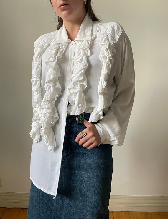 90s vintage white ruffle blouse, elegant poet blou