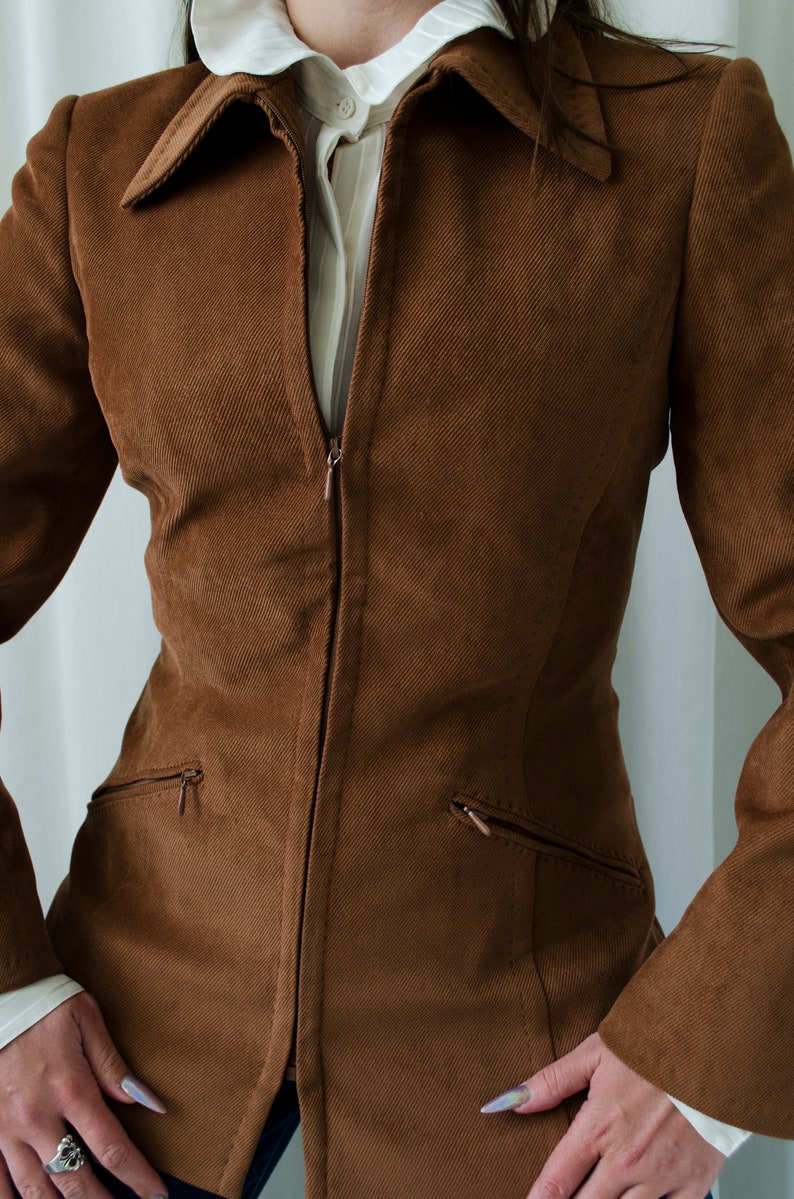 vintage SPORTMAX blazer, brown corduroy velvet blazer with zip up and pointy collar XS S image 8