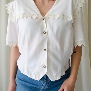 vintage white lace blouse Sailor collar blouse, lace trim collar blouse, romantic cottagecore blouse, fairycore blouse XS M image 6