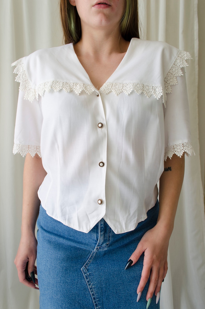 vintage white lace blouse Sailor collar blouse, lace trim collar blouse, romantic cottagecore blouse, fairycore blouse XS M image 6